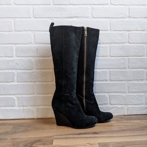 Tory Burch black suede knee high boots wedge